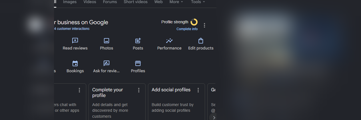 Google Business Profile dashboard showing verified status and profile management tools