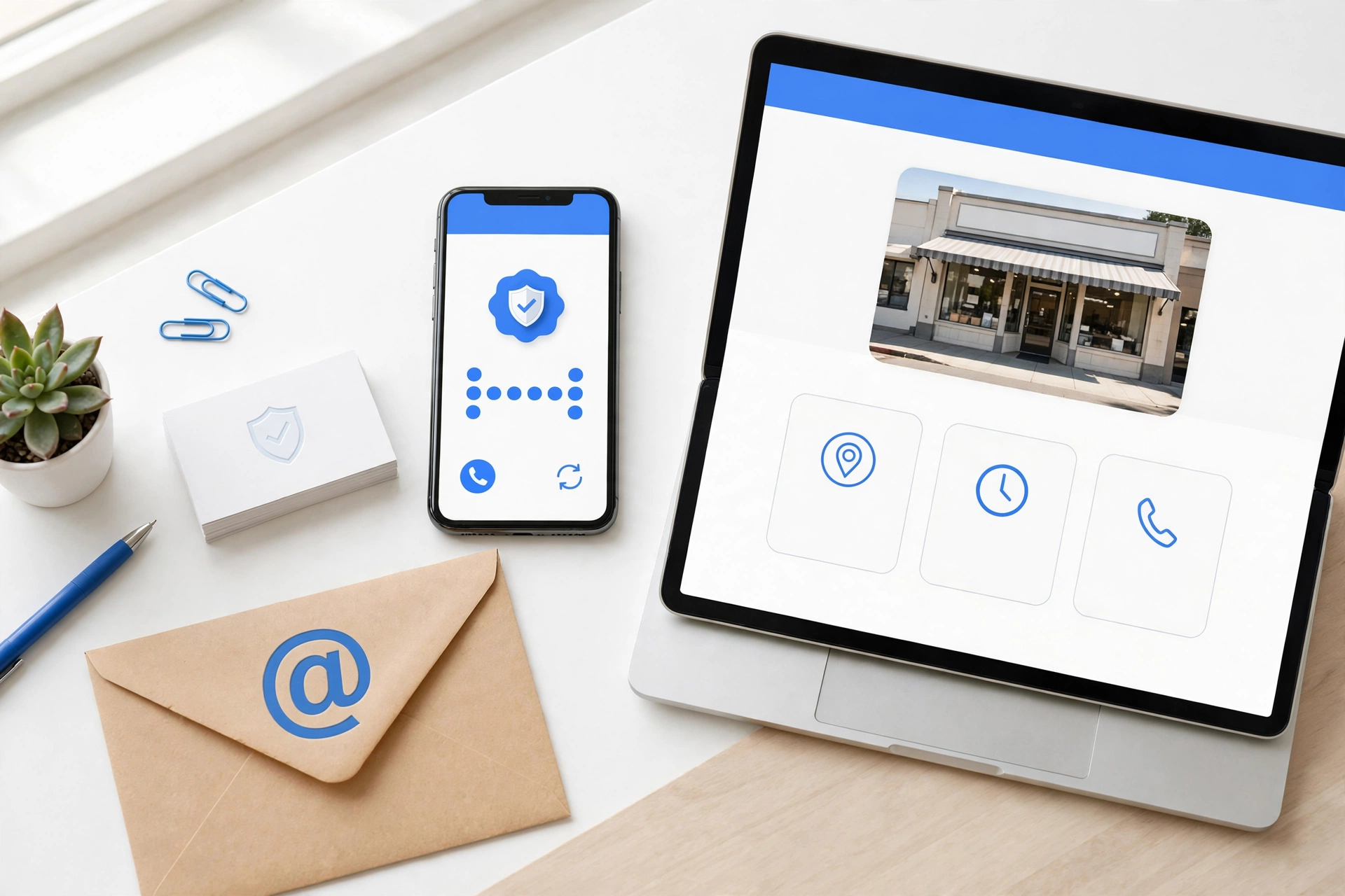 Business website with storefront photo, location, hours, and verification method icons on a laptop and phone