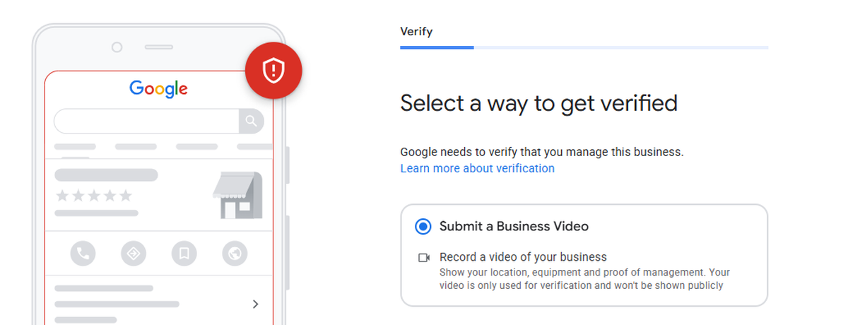 Google Business Profile verification screen with the Submit a Business Video option selected
