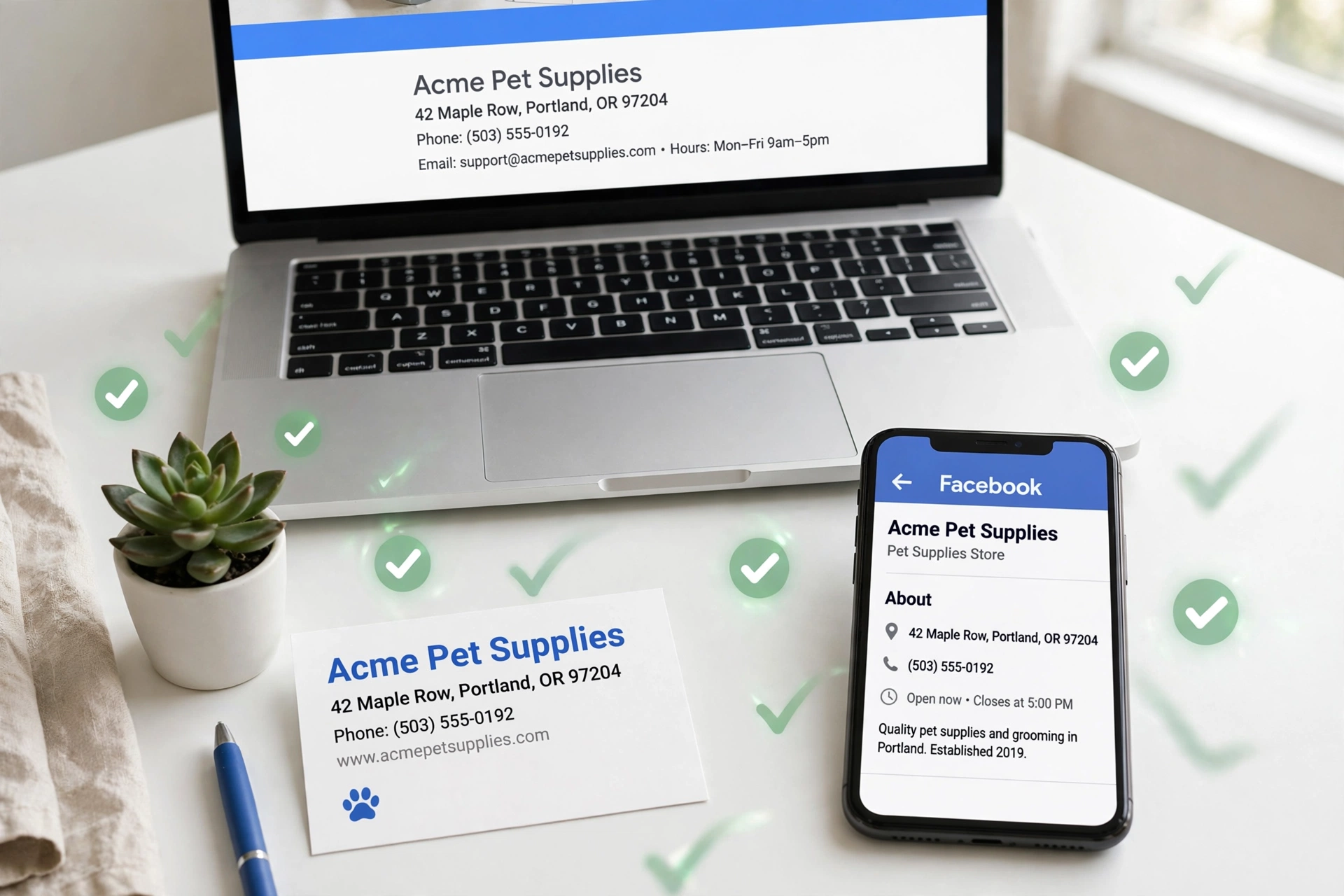 NAP consistency example showing matching business name, address, and phone number across a laptop, business card, and Facebook profile